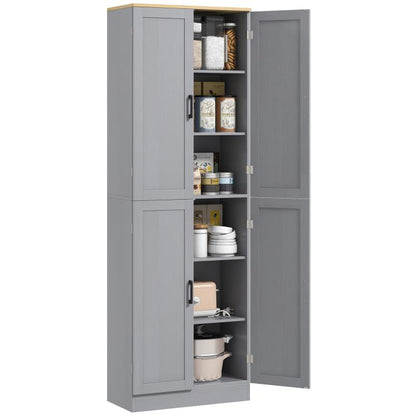 Freestanding 4-door kitchen pantry cabinet with open shelves and interior storage