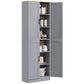 Freestanding kitchen pantry cabinet with four hinged doors and multiple open shelves