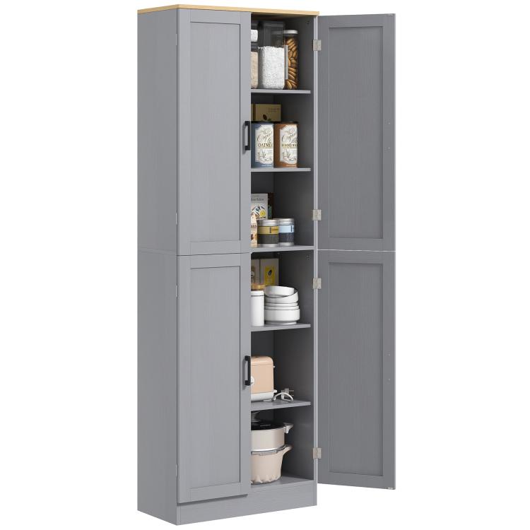 Freestanding kitchen pantry cabinet with four hinged doors and multiple open shelves