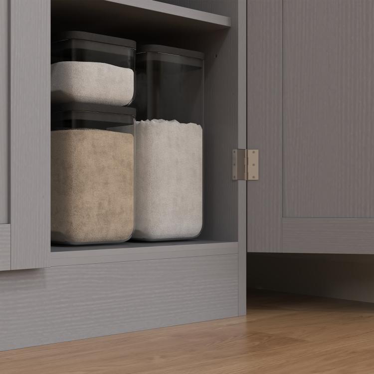 Distressed white kitchen pantry cabinet with open shelves and door