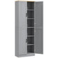 Distressed white freestanding pantry cabinet with adjustable shelves and two open doors