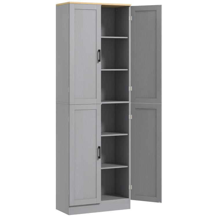Distressed white freestanding pantry cabinet with adjustable shelves and two open doors