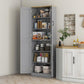 Tall freestanding pantry cabinet with gray finish and open shelving display shelves