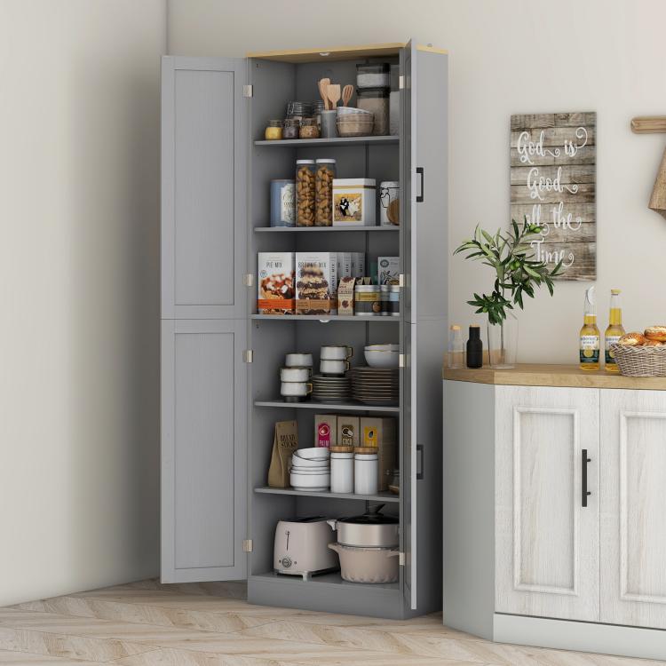 Tall freestanding pantry cabinet with gray finish and open shelving display shelves