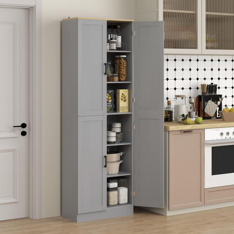 Gray pantry cabinet shown open, with four doors and stacked shelves for kitchen items