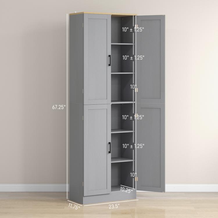 Freestanding pantry cabinet with dimensions markings, two doors per side and shelving