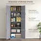 Gray kitchen pantry cabinet with wide upper shelves and lower cabinet storage