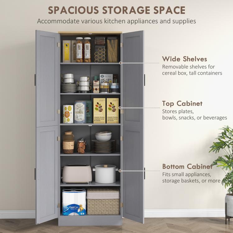 Gray kitchen pantry cabinet with wide upper shelves and lower cabinet storage