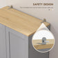 Kitchen pantry with anti-tip hardware and light wood top for secure placement