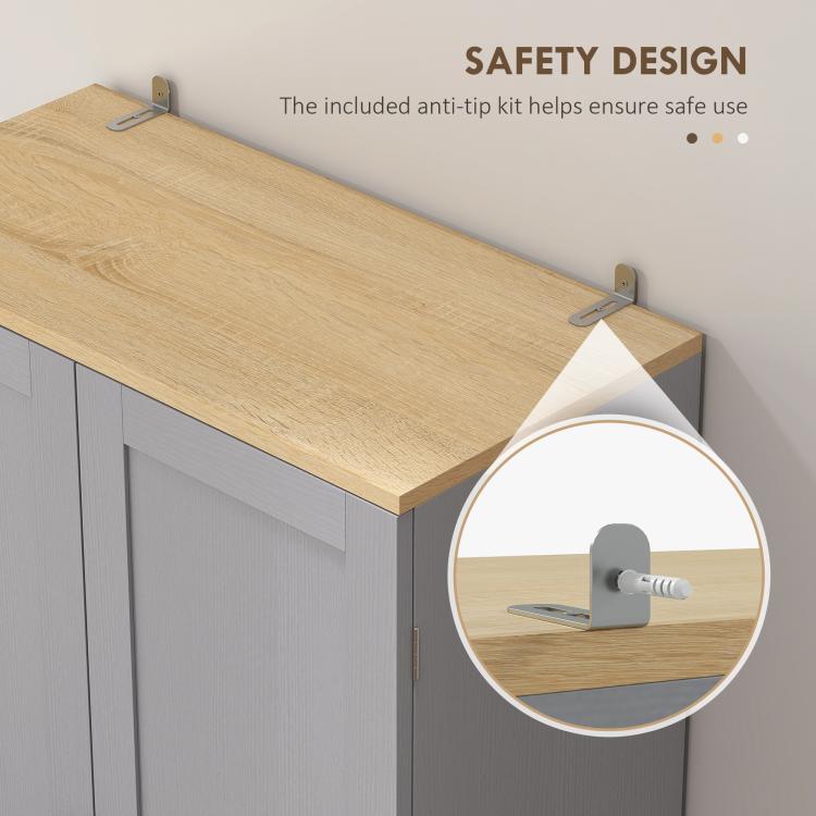 Kitchen pantry with anti-tip hardware and light wood top for secure placement