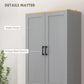Gray pantry cabinet doors with shaker-style panels and antique black bar handles