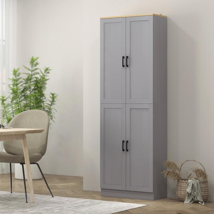 Freestanding gray 4-door kitchen pantry cabinet with square bar pulls and doors
