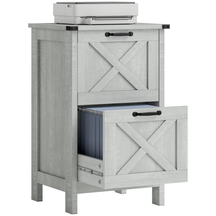 Light gray distressed vertical file cabinet with two drawers and black bar handles
