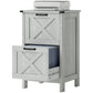 Rustic light gray cabinet showing two drawers, X-cross panel fronts, black handles