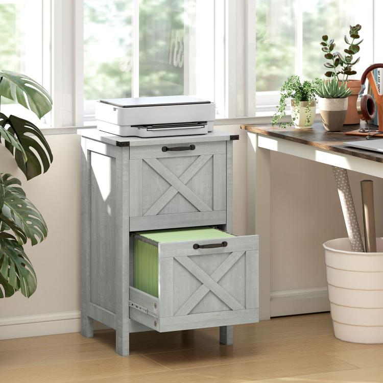 Rustic light gray vertical file cabinet with two drawers and X-pattern fronts