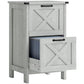 Light gray farmhouse file cabinet with two open drawers and cross-brace panel fronts