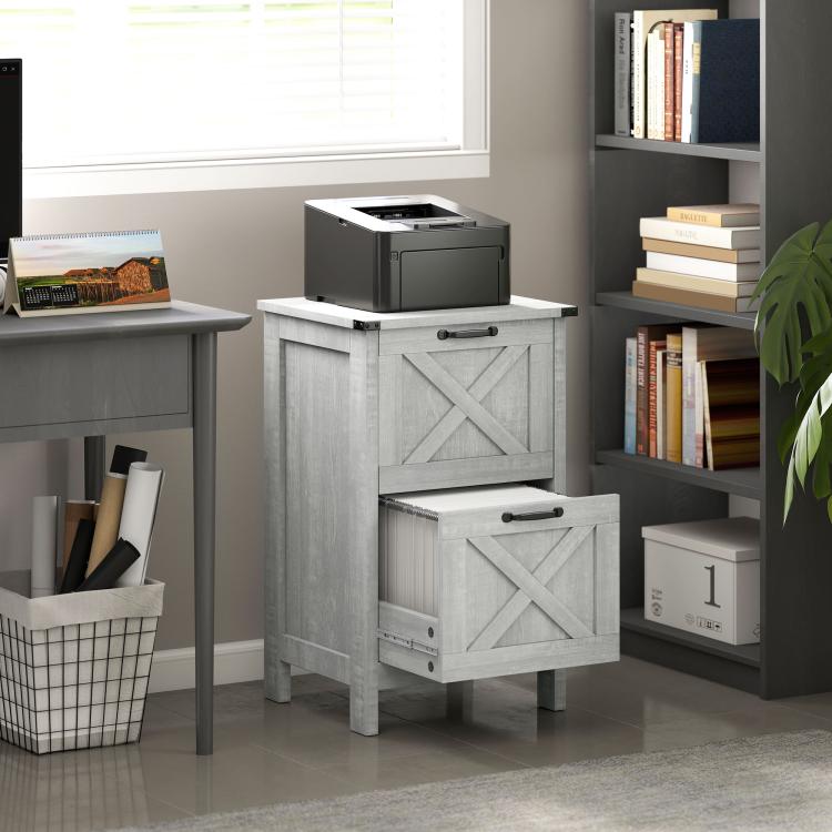 Light gray distressed file cabinet with top surface and lower drawer, X panel design