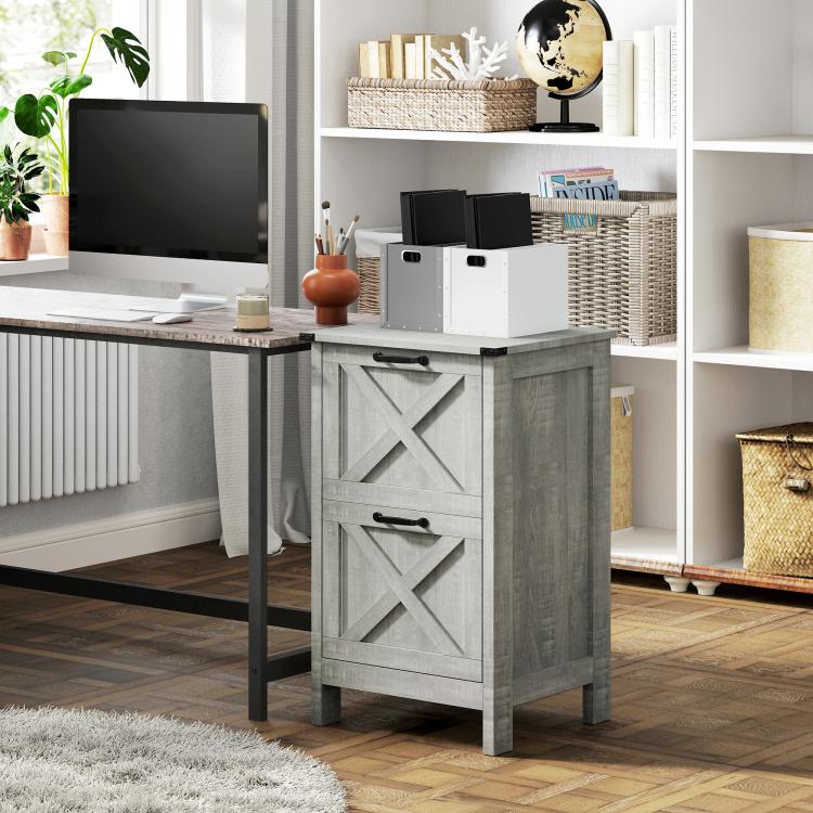 Light gray farmhouse file cabinet with X-brace drawer fronts and black metal handles