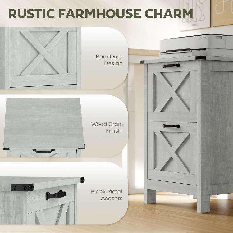 Light gray file cabinet with rustic X-panel door design and black metal accents