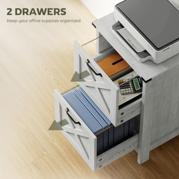 Light gray cabinet with two drawers open, X-panel fronts, black bar drawer pulls