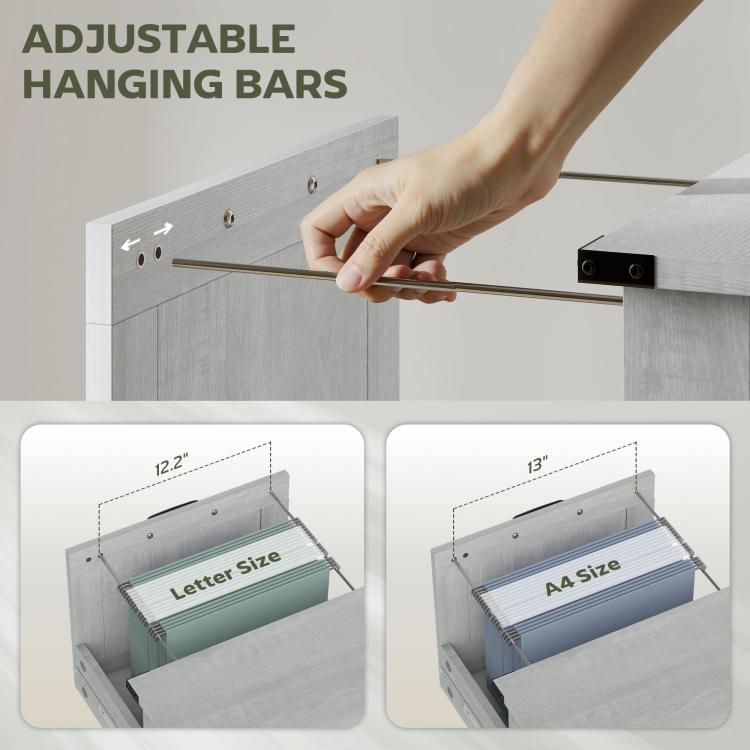 Light gray file cabinet with open drawer and adjustable hanging bars at the back