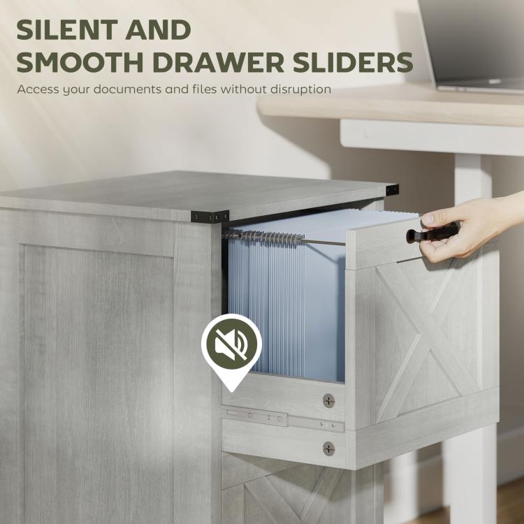 Light gray file cabinet with drawer partially opened and smooth gliding rails