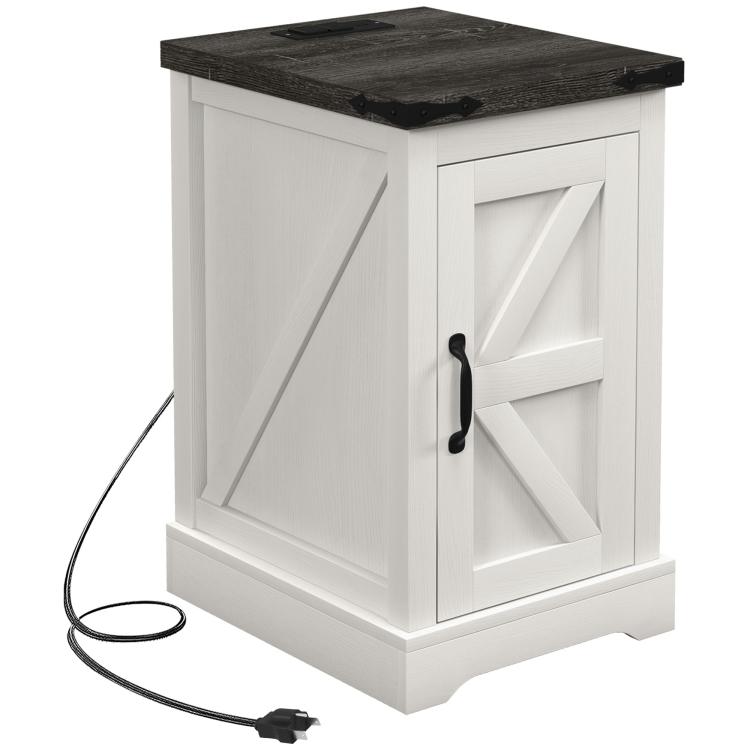 White side table with dark top, cabinet door, and charging cable with plug