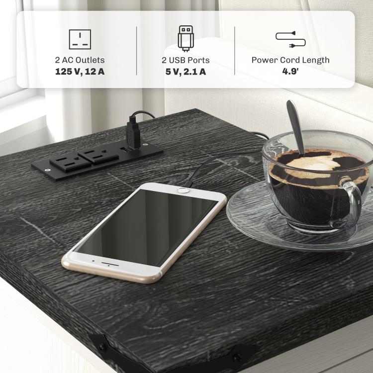 End table top charging panel with AC outlets and USB ports, plus phone and power cord
