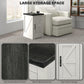 White end table with black top and storage cabinet, showing distressed and barn-door style