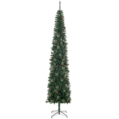 Slim green pencil Christmas tree with pine cones and metal tripod stand