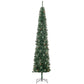 Front view slim green pencil Christmas tree with pine cones and metal tripod stand