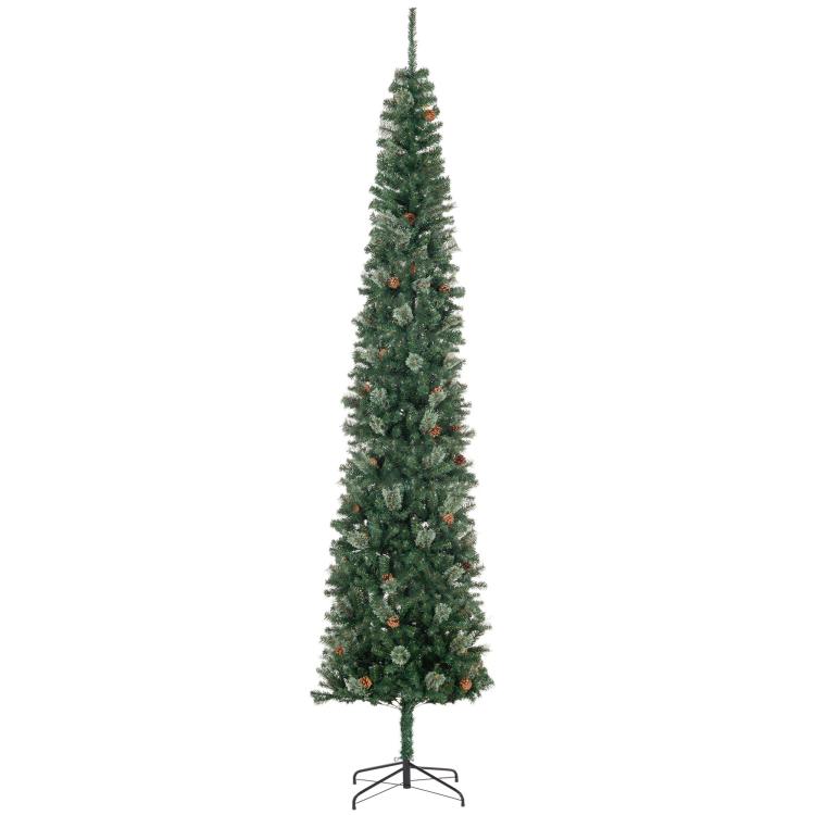 Front view slim green pencil Christmas tree with pine cones and metal tripod stand