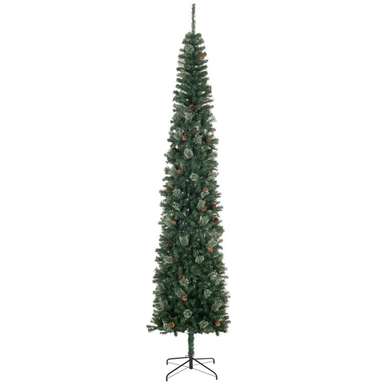 Slim 9.5 ft artificial Christmas tree, green, full view with metal stand