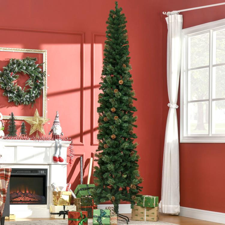 Slim green pencil Christmas tree with pine cones and realistic branches