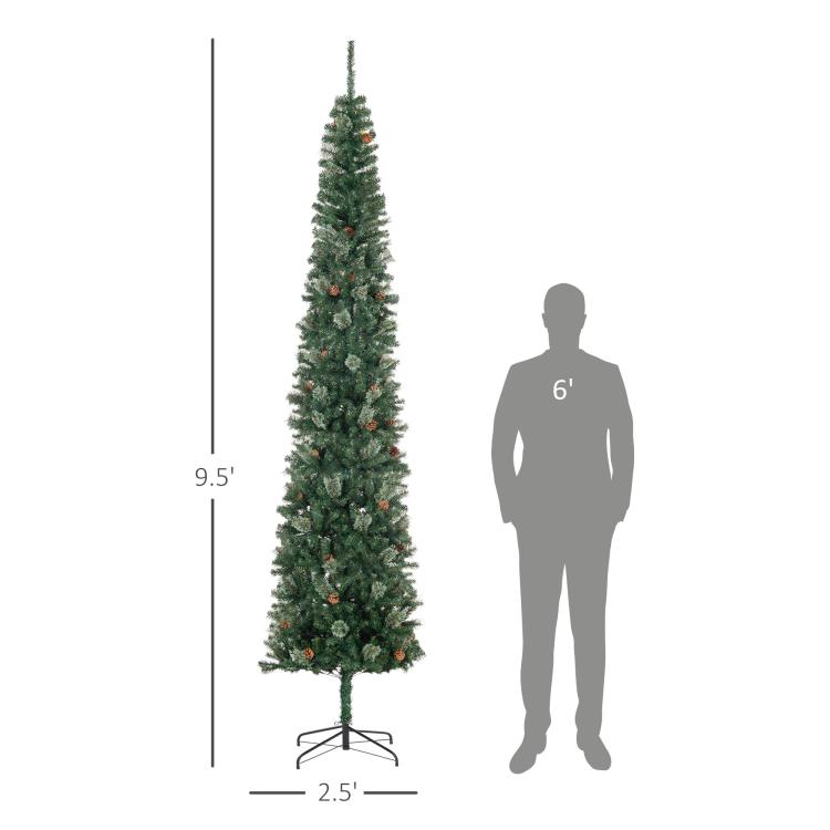 9.5 ft slim green pencil Christmas tree with pine cones and metal base
