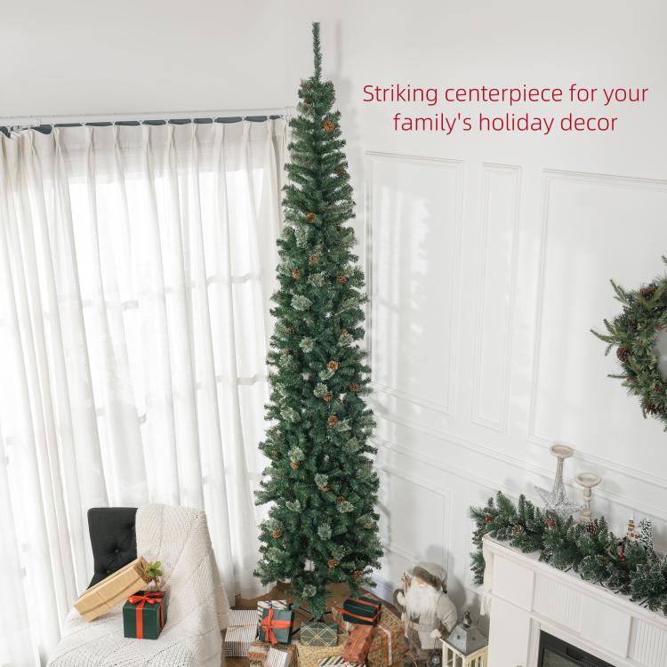 Slim green pencil Christmas tree with pine cones and full, realistic branch tips
