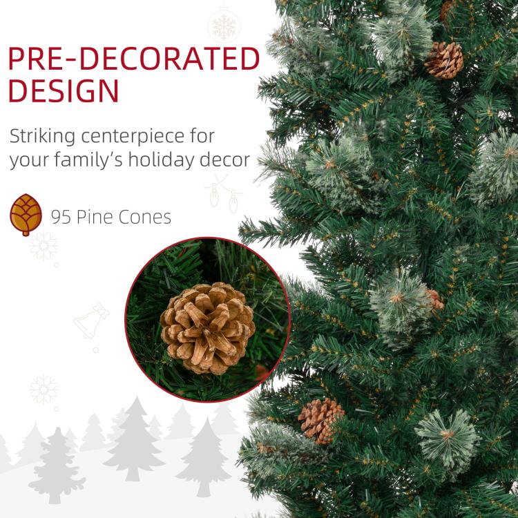 Pre-decorated pencil Christmas tree with pine cones on green branch tips