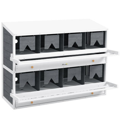 White 8-compartment chicken nesting box with dark interior dividers and side egg collection trays