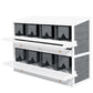 White dual-level chicken nesting box with 8 compartments, open front shelves, and dark divider panels