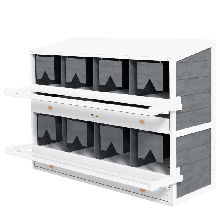 White dual-level chicken nesting box with 8 compartments, open front shelves, and dark divider panels