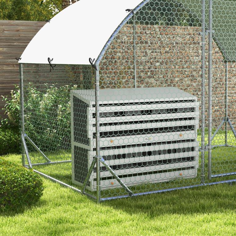 White 8-compartment chicken nesting box with perches and egg-collection trays