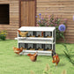 Chicken nesting box unit with 2 tiers, dark compartment inserts, and front egg collection shelves