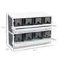 Measured view of white 8-compartment chicken nesting box with dark interior panels and shelves