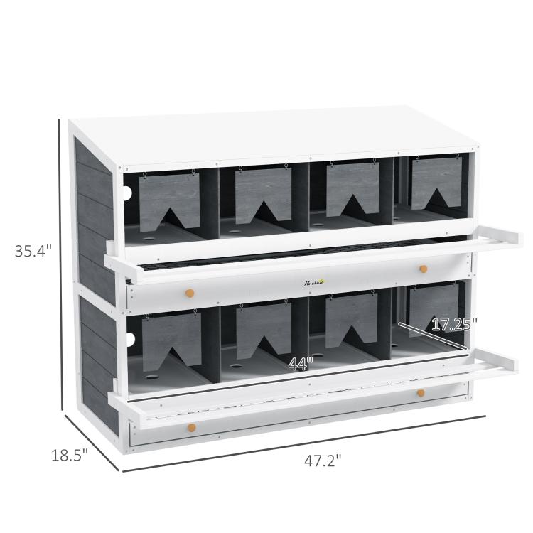 Measured view of white 8-compartment chicken nesting box with dark interior panels and shelves