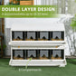 White double-layer chicken nesting box with dark compartments and straw-filled interior