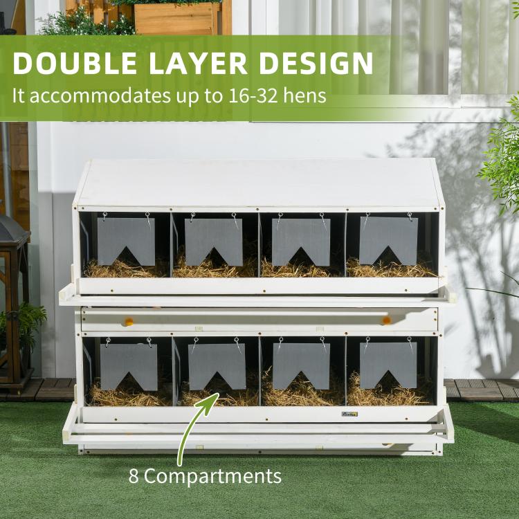 White double-layer chicken nesting box with dark compartments and straw-filled interior