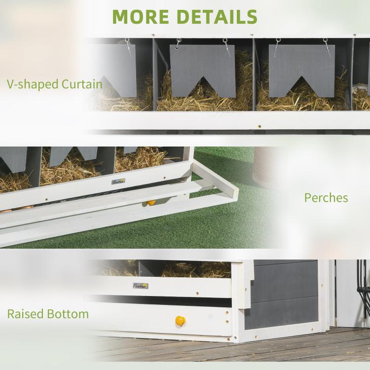 Chicken nesting box features: V-shaped curtain panels, perches, and raised bottom base