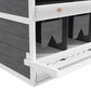 Close-up of white nesting box interior with dark compartment panels and hanging curtain openings