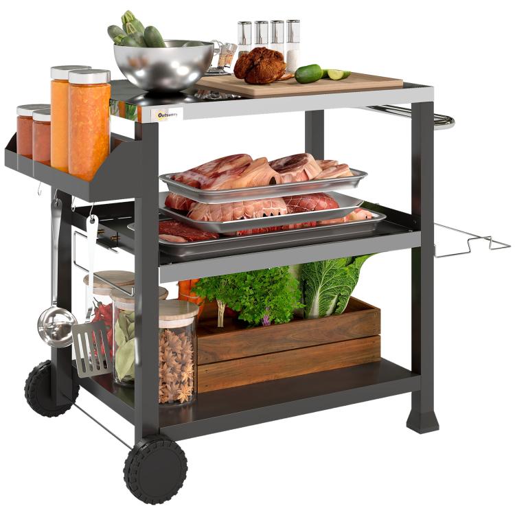 Black 3-shelf outdoor grill cart with stainless tabletop, side handle, and rolling wheels