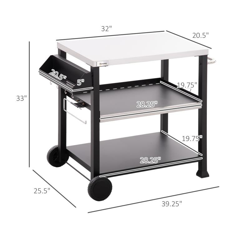 Black 3-shelf grill cart table dimensions with stainless top and side handle